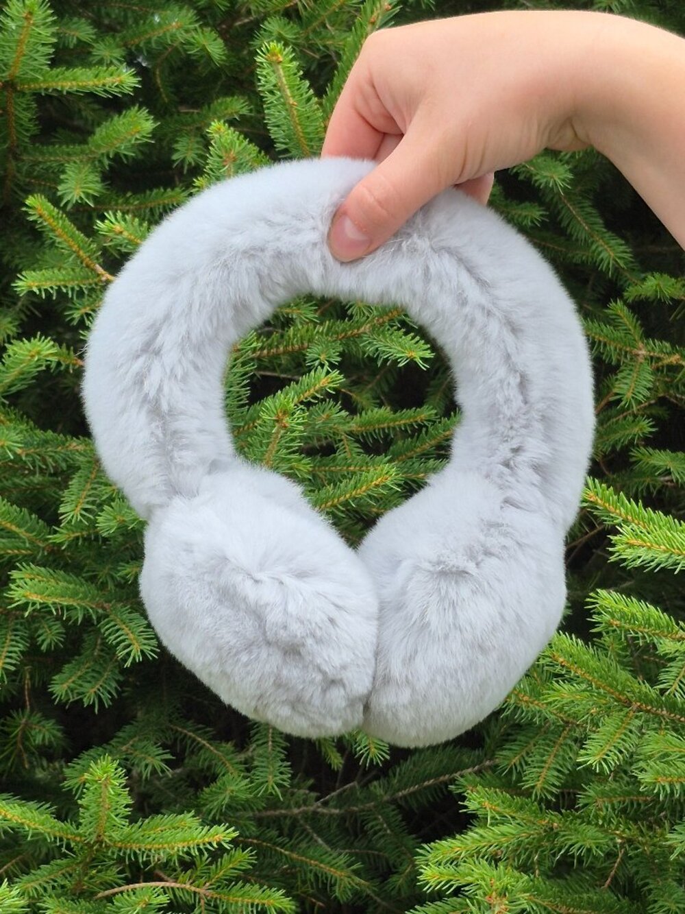 Light Gray Genuine Rabbit Fur Earmuffs, Real Fur Warm Plush Winter Head Warmers - Picture 2 of 7